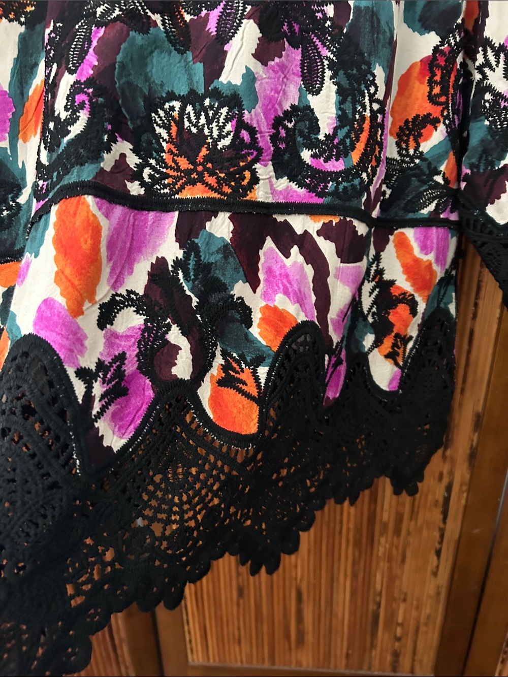 Democracy Floral V-Neck Tunic with Black Crochet Trim in Purple, Orange & Green - Picture 13 of 16